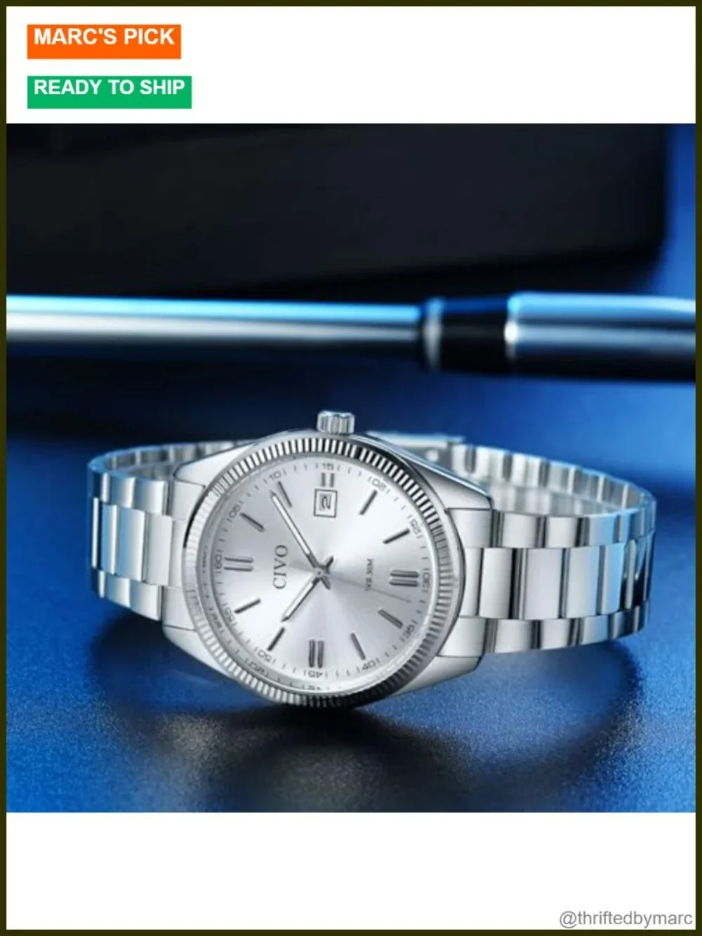 Analog Mens Watch with Date Luminous Hands Stainless Steel Dress Watch